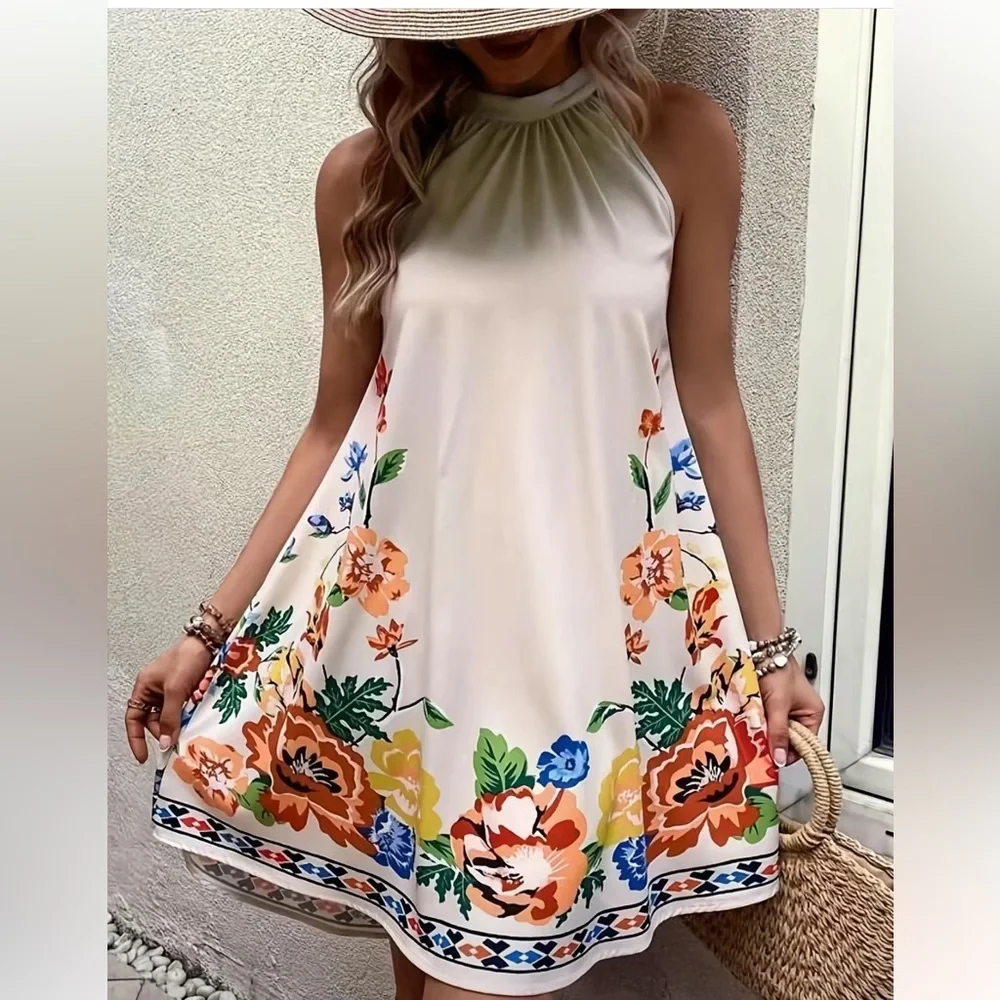 Floral Print Ruched Dress, Elegant Sleeveless Keyhole Summer Dress - Picture 5 of 5